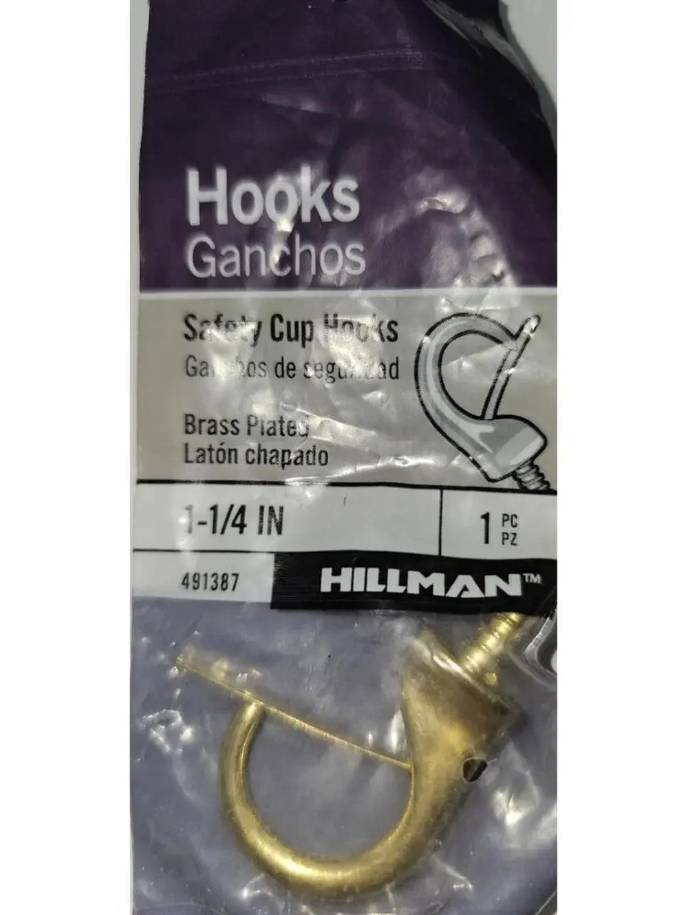 Hillman Brass Plated Safety Cup Hooks 1-1/4 Inch - 6 Pack